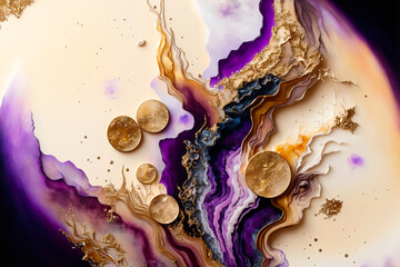 Wall Mural - Fluid Art. Liquid purple ink and gold metallic abstract drips and wave. Generative AI illustration