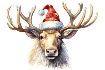 Reindeer with Santa hat, christmas concept, digital illustration. Generative AI