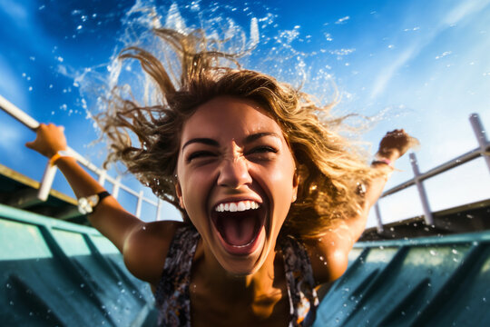 happy woman splashing into a waterslide at aqua park for summer vacation. generative ai illustration