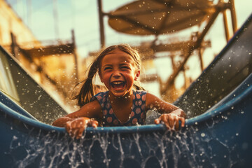 Happy kids splashing into a waterslide at aqua park for summer vacation. Generative ai illustration of summer fun vacation