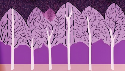 Sticker - **Minimalistic line art design room wallpaper, trees, leaves, autumn, purple color palette, , Ai generated