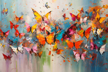Butterflies And Abstract Oil Painting, Generative Ai Mixed Media Art .