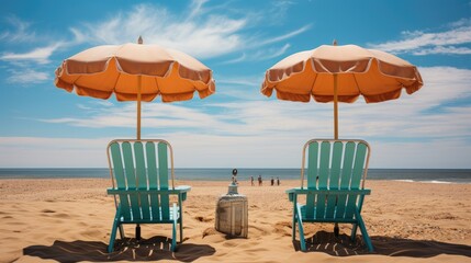 two chairs and umbrella and ocean