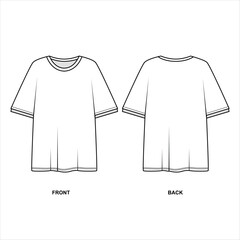 Wall Mural - Outline vector drawing short sleeve shirt front and back view. White casual style t-shirt pattern. Sketch of a fashionable oversize t-shirt. 
