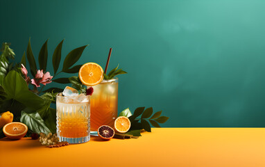 Wall Mural - tropical cocktails with soft green background with copy space