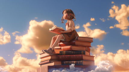 Schoolgirl reads the book in the sky, flying in her dreams and fantasies. Learning concept with little girl in the world of education. Generated AI.