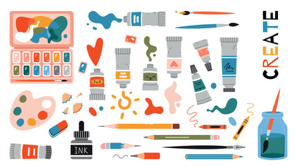 set with painting tools elements, cartoon style. art supplies: paint tubes, brushes, pencil, waterco