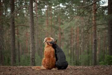 Wall Mural - two dogs are hugging, sit with their backs and look at the forest. Nova Scotia Duck Tolling Retriever and Standard Pinscher on nature 