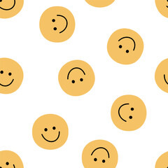 Smiling face doodle seamless pattern. Happy muted yellow emoticons, y2k style. Vector illustration isolated on white background