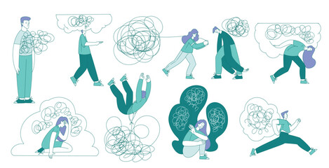 Sticker - People Struggling with Clutter of Thoughts in Brain Vector Set