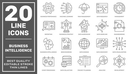 Wall Mural - Set of icons related to business Intelligence and business management, such as machine learning, data modeling, development, visualization, risk management, and more. Editable stroke.