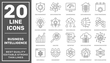 Set of icons related to business Intelligence and business management, such as machine learning, data modeling, development, visualization, risk management, and more. Editable stroke