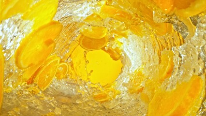 Wall Mural - Texture of splashing water with orange slices.