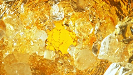 Poster - Texture of splashing whiskey surface with ice cubes.