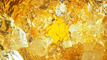 Poster - Texture of splashing whiskey surface with ice cubes.