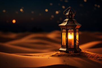 The desert sands cover the Ramadan lantern at night with the bright lighting of the lantern