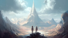 Two Women Adventurers Stop At The Top Of A Rocky Outcropping Looking At A Tall Sharp Pointed Mountain