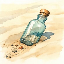 Watercolor Illustration Of A Glass Bottle With A Message In The Sand