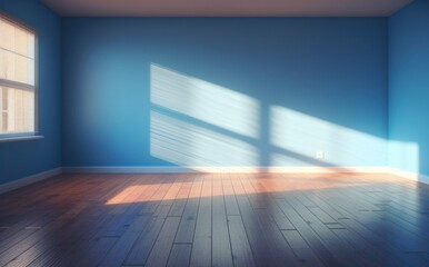 Poster - An empty room with blue walls and hardwood floor Illustration AI Generative.