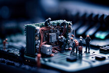 Group Of Worker Figurine Doing Maintenance On A Computer Motherboard. Generative AI Technology Concept.