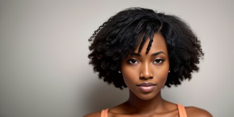 Portrait of a cheerful Afroamerican young woman sitting and looking at the camera on white background. copy space. Happy, youth and lifestyle concept. Generative AI