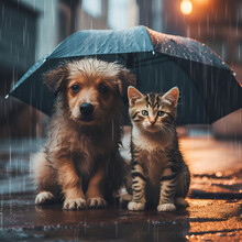 Poor Sad Hungry Dirty Homeless Puppy And Kitten Sit In The Street Under Umbrella In The Rain. Heartbreaking Image Of A Hopeless Homeless Dog And Cat Trying To Survive Together. Save The Animals. AI