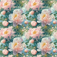  Seamless floral pattern with white peonies on green background. Template design for textiles, interior, clothes, wallpaper. Botanical art