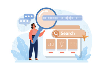 Poster - voice search. artificial intelligence virtual assistant. character