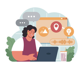 Poster - voice search. artificial intelligence virtual assistant. character