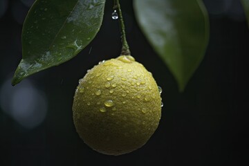 Poster - ripe lemon with water droplets hanging from a tree branch