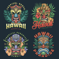 Poster - Hawaiian tiki masks set flyers