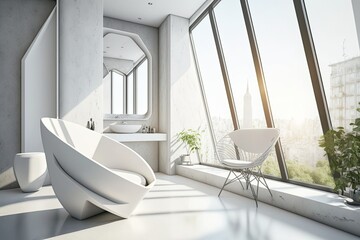 Poster - modern bathroom with a panoramic view of a cityscape through a large window. Generative AI