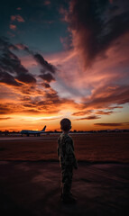 Little kid standing half-turned from camera at sunset. Boy looks at the plane landed at backdrop. Generative AI.