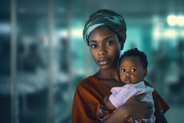 Wall Mural - African mother with her baby in the hospital. Inclusive medicine concept