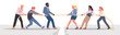 Cartoon workers competitors pull rope in competition, feminism, gender gap and battle for equality in office. Tug of war between male and female employees, men vs women concept vector illustration