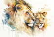 Watercolor Splatter Portrait Painting of Lion Father with Lion Cub. Isolated on White Paper Textured Background