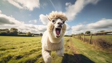 Funny White Alpaca On The Run: A Wild, Wide-Angle Capture Of A Llama Sprinting Across A Vibrant Green Field With Cute Smiley Face. Generative AI