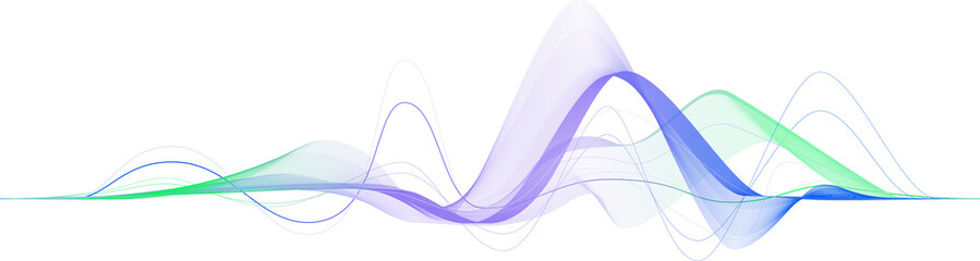 Data transmission, sound wave, technology, space transformation. Abstract green-purple-blue wave on a transparent background for web design, presentation design, web banners. Design element