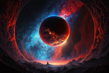 Wall Mural - cosmic landscape with two planets of contrasting colors. Generative AI