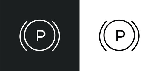 Poster - parking brake line icon in white and black colors. parking brake flat vector icon from parking brake collection for web, mobile apps and ui.