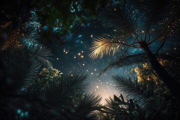 Poster - dense forest under a starry night sky. Generative AI