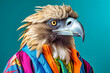 Heavy cheerful Philippine eagle anthropomorphic, on a colored background. Generative AI