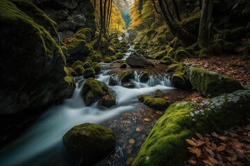 Poster - serene forest stream surrounded by vibrant green foliage. Generative AI