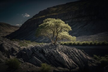 Poster - solitary tree standing atop a rocky hill. Generative AI