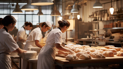 A behind-the-scenes glimpse of a busy bakery kitchen, with bakers in action, mixing ingredients, shaping dough, and carefully attending to each stage of the baking process Generative AI