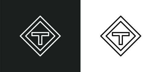 Poster - t road intersection line icon in white and black colors. t road intersection flat vector icon from t