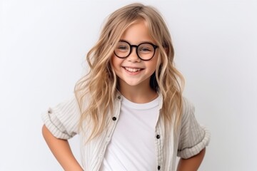 Wall Mural - Portrait of a cute little girl in glasses on a white background