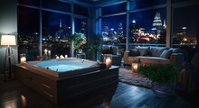 Modern Bedroom Hot Tub On Patio Suite  Big Windows View On At Blue Night City,generated Ai