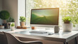 © Marco Attano - Hyper - realistic image of a modern home office setup: iMac on a clean, minimalist, white desk, a green succulent plant to the right, sunlit room with soft, natural light streaming in from a nearby wi