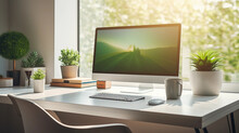 Hyper - Realistic Image Of A Modern Home Office Setup: IMac On A Clean, Minimalist, White Desk, A Green Succulent Plant To The Right, Sunlit Room With Soft, Natural Light Streaming In From A Nearby Wi